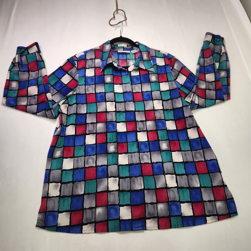⭐️Vintage 90s Alfred Dunner Colorblock Grid Blouse Size 14 Jewel Tone Geometric